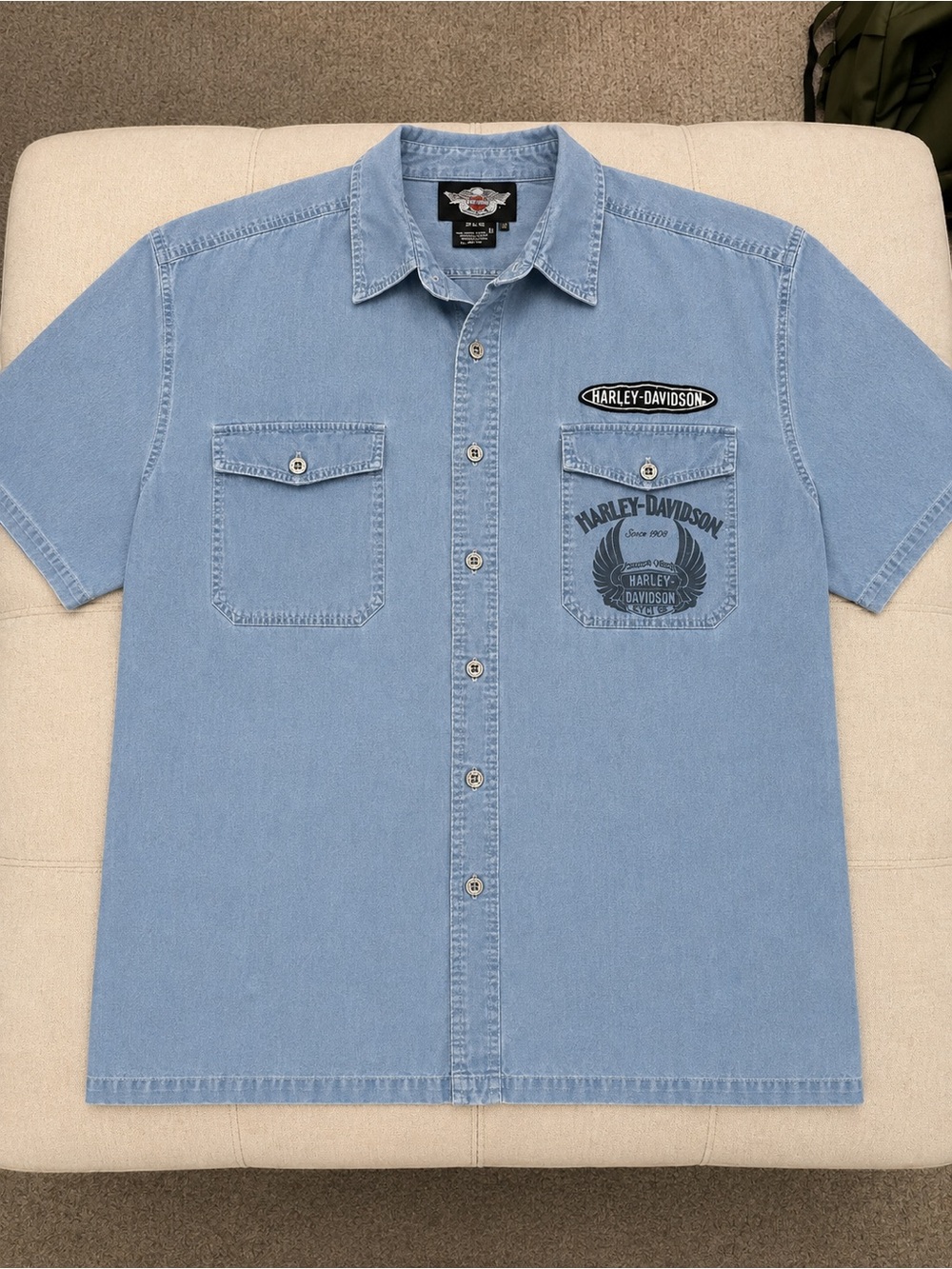 Y2K DENIM | Harley-Davidson Light Blue Short Sleeve Denim Shirt with Chest Logos